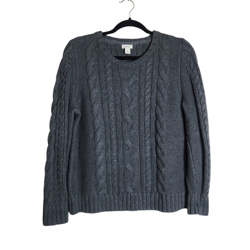 LL Bean Womens Large Petite Gray Cable Knit Cotton Crew Neck Sweater
